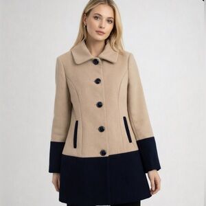 BCBGGeneration Women’s Pea Coat Button-Up Career Casual Blue/Tan Size Med